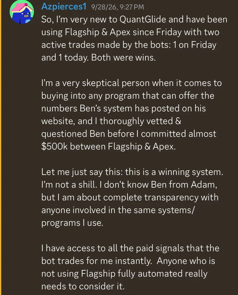 Discord message from Azpierces1, Sep 28 2026: a skeptical new member who vetted the founder before committing almost $500k, saying anyone not using Flagship fully automated should consider it
