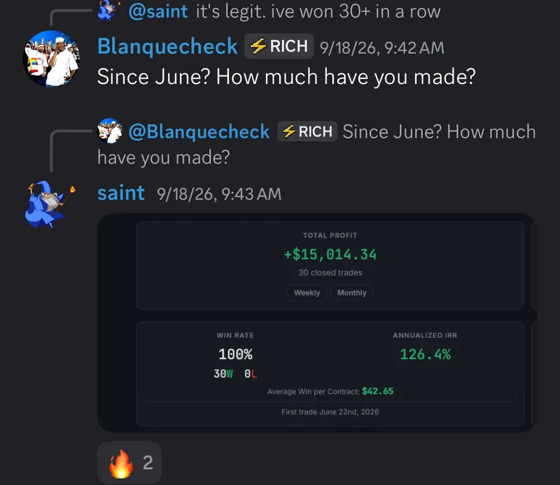 Discord message from saint, Sep 18 2026: asked how much they have made since June, they post a dashboard showing +$15,014 total profit on 30 closed trades